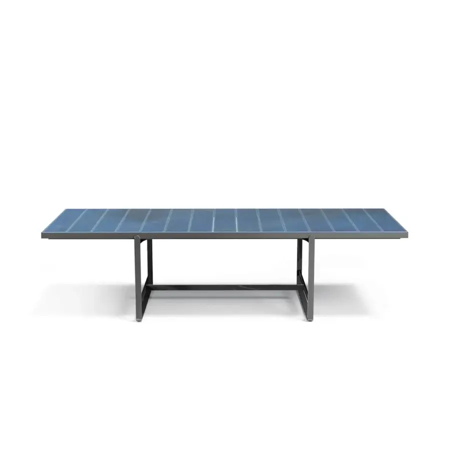 Superior Atmosphera Capri table with a stunning glossy glazed lava stone tabletop and matte dark gray aluminum base
