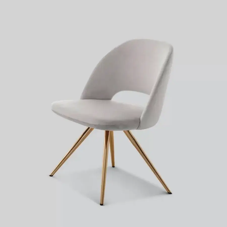 Superior Ivano Antonello Italia Letizia dining chair with enveloping curved shell in pale grey fabric and polished golden metal legs