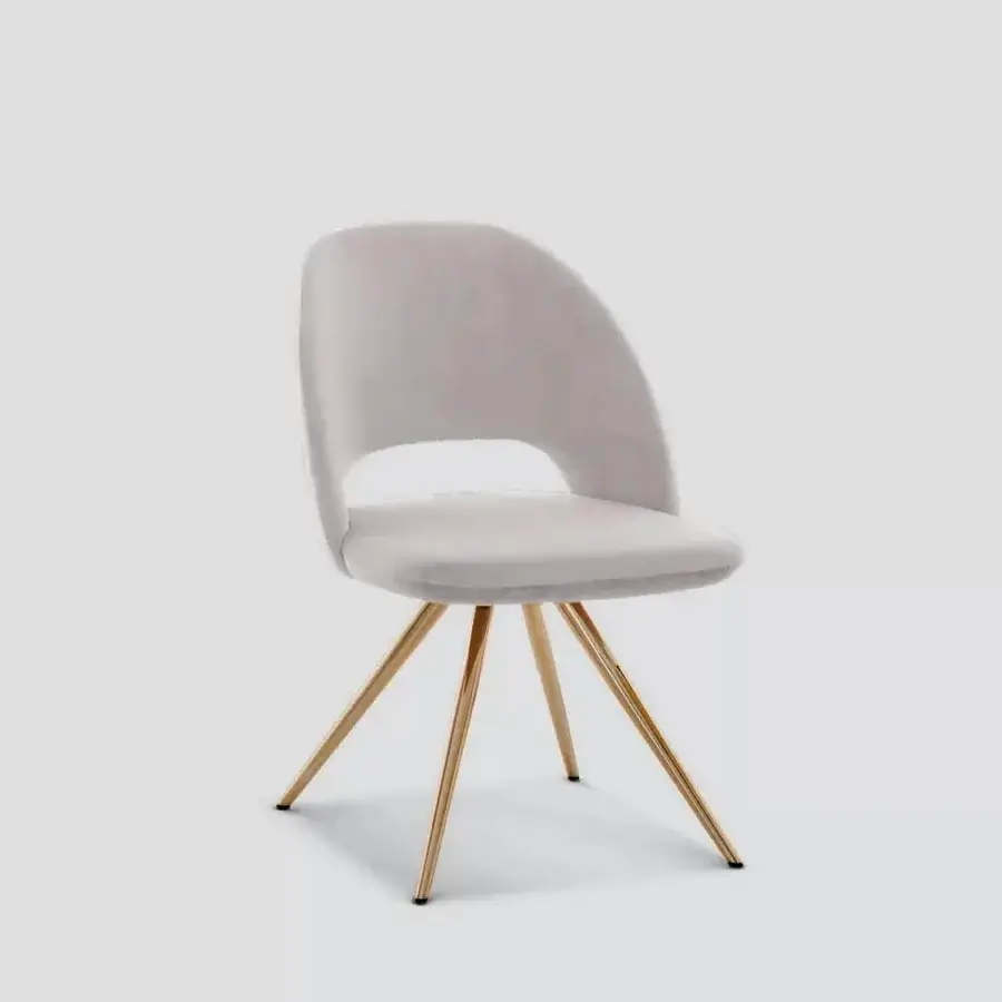 Distinguished Ivano Antonello Italia Letizia dining chair with molded shell upholstered in light grey fabric and polished golden metal legs