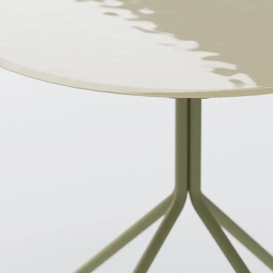 Distinguished Atmosphera Trio table with sleek circular tabletop and slender tripod base crafted in muted olive green aluminum with satin finish