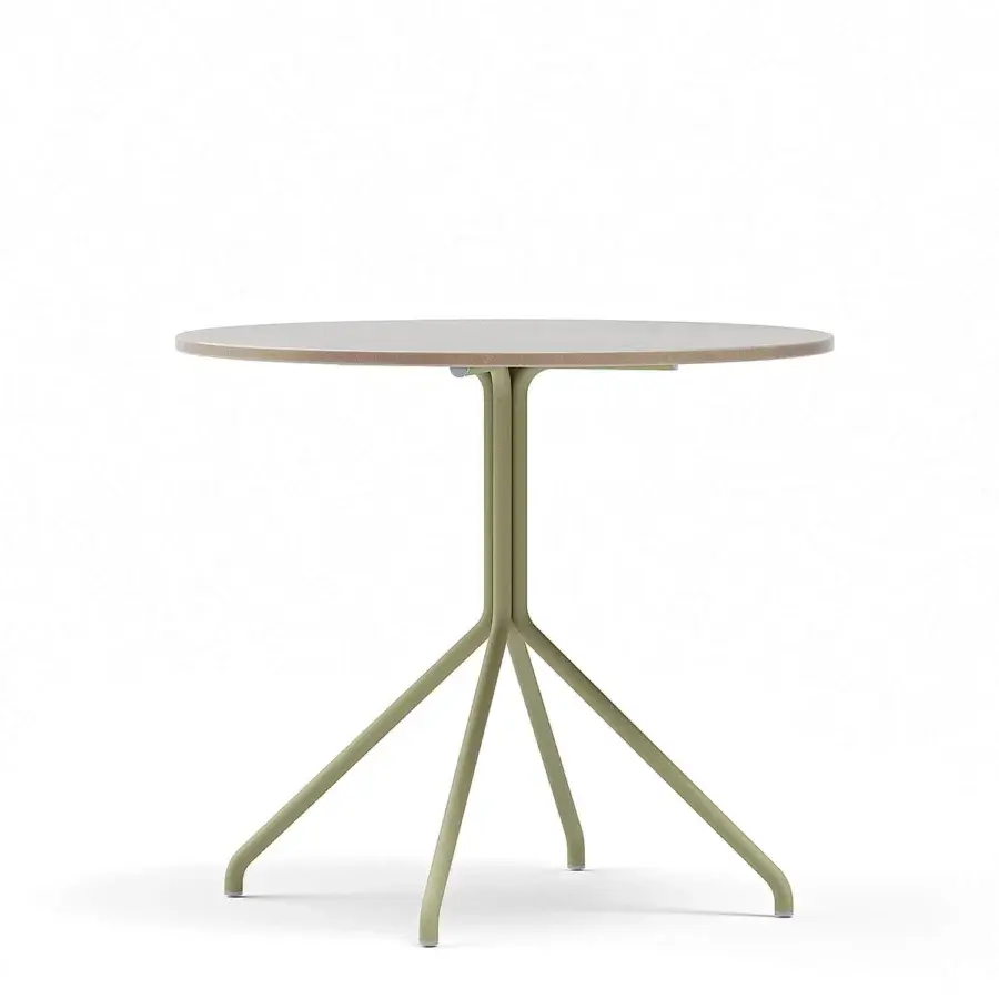 Refined Atmosphera Trio table with gently curved teak tabletop and slender sage green aluminum tripod base