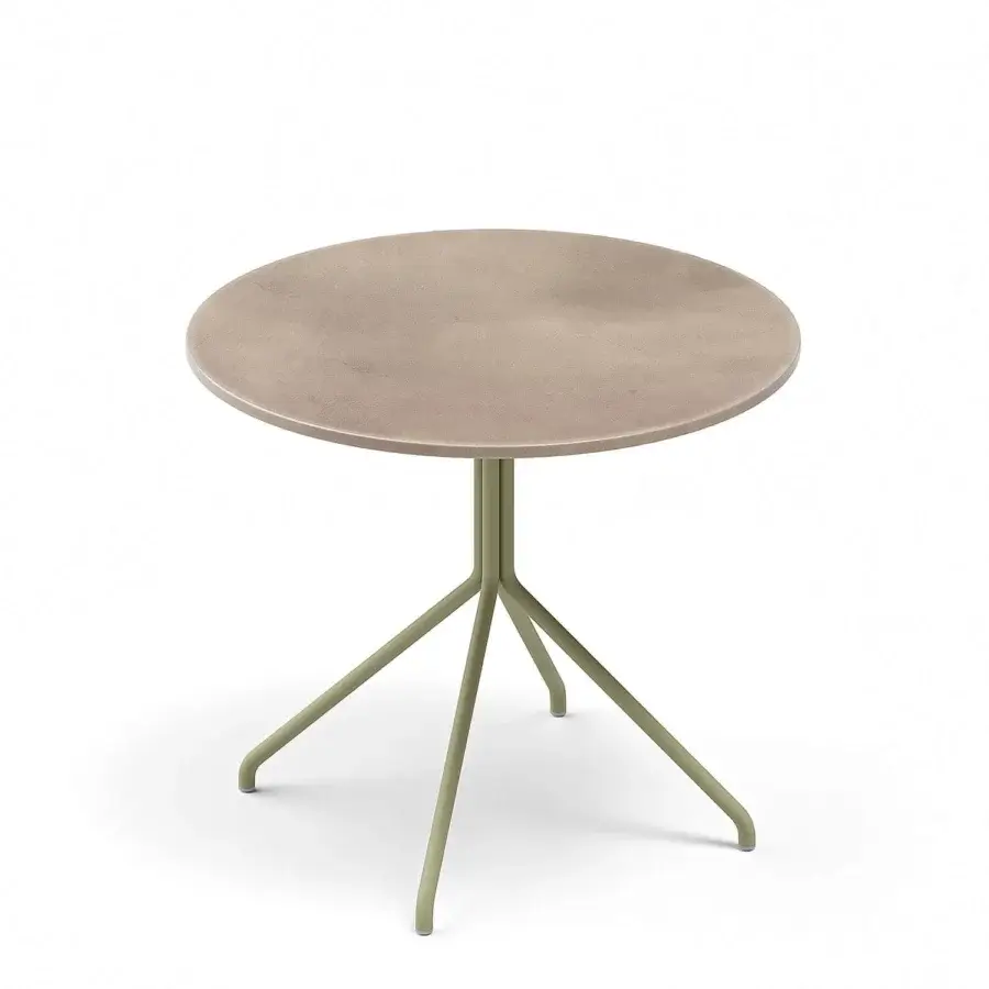 Exceptional Atmosphera Trio table with lavastone tabletop and slender aluminum base in muted sage green finish