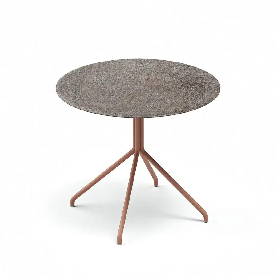 Elegant Atmosphera Trio table with lavastone tabletop and reddish-brown satin-finish aluminum base crafted in a minimalist design