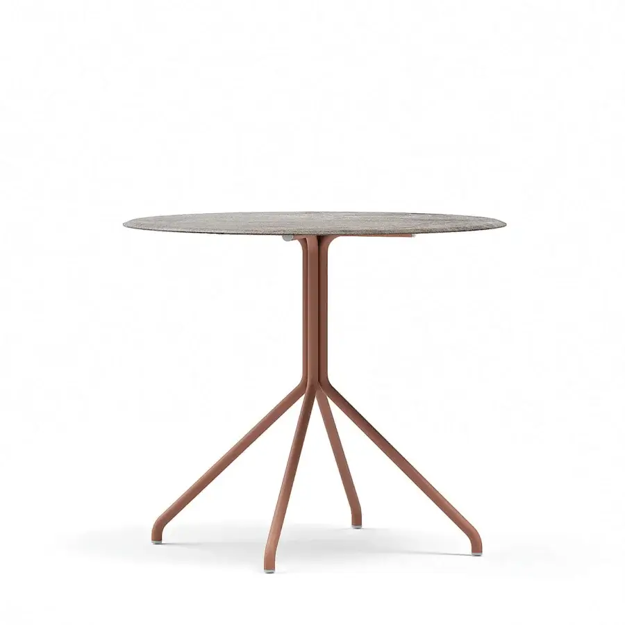 Distinguished Atmosphera Trio table with gently curved teak tabletop and terracotta-toned aluminum base crafted for outdoor use