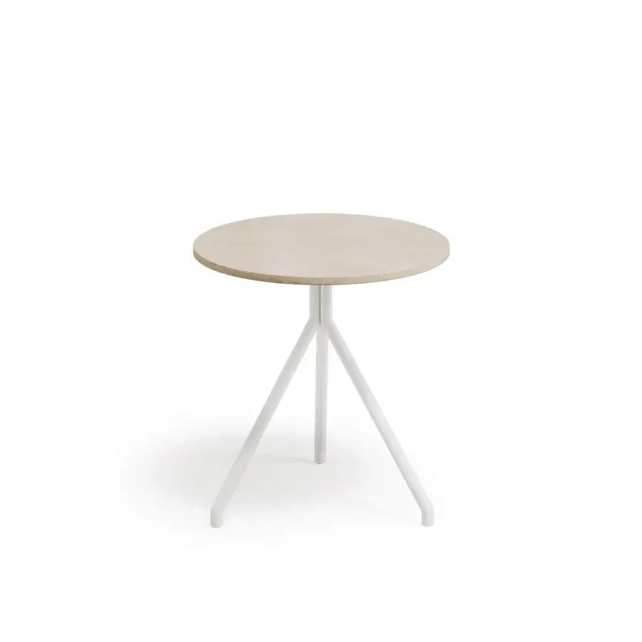 Elegant Atmosphera Trio side table with gently curved matte white aluminum base and durable stoneware tabletop