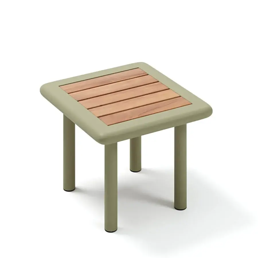 Elegant Atmosphera Bliss side table with warm teak and resilient aluminum in Olive Green finish