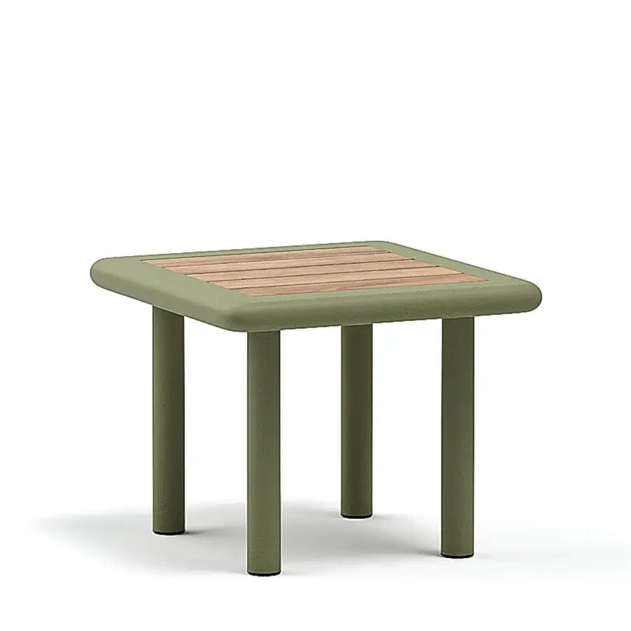 Refined Atmosphera Bliss side table with textured natural teak and resilient olive green aluminum frame