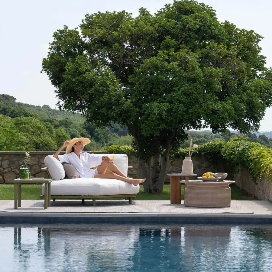 Exceptional Atmosphera Bliss side table crafted with aluminum in Gesso finish and natural teak for outdoor settings