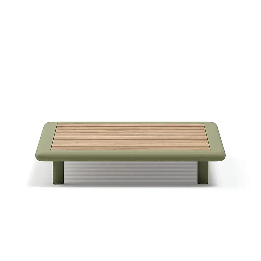 Sophisticated Atmosphera Bliss coffee table crafted with aluminum and natural teak inserts in muted olive green finish