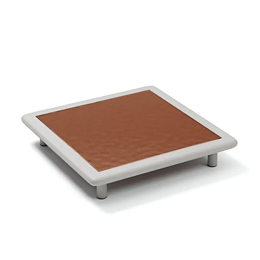 Elegant Atmosphera Bliss coffee table with a warm brown textile tabletop and light aluminum frame built with natural teak inserts