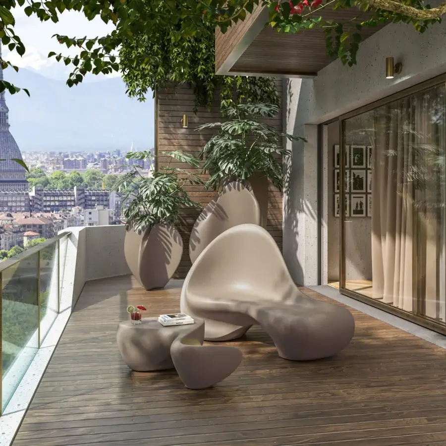 Distinctive Serralunga Ripple coffee table with undulating form and warm gray lacquered LLDPE construction