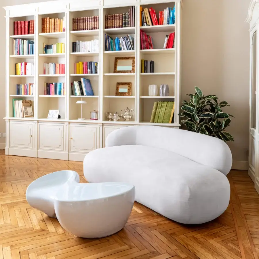 Elegant Serralunga Ripple coffee table with flowing form sculpted in white LLDPE and refined lacquered finish
