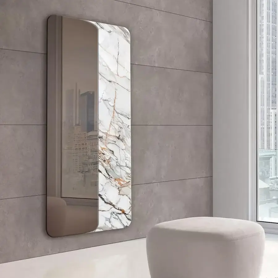 Exceptional Ivano Antonello Italia Monolito mirror with bronze finish metal and Calacatta Lux ceramic detail