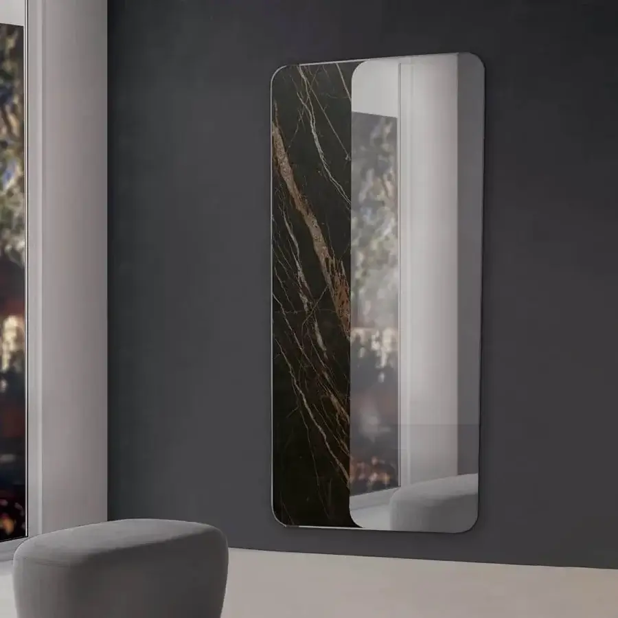 Distinguished Ivano Antonello Italia Monolito mirror with dark textured Calacatta Lux ceramic and smoky superimposed glass
