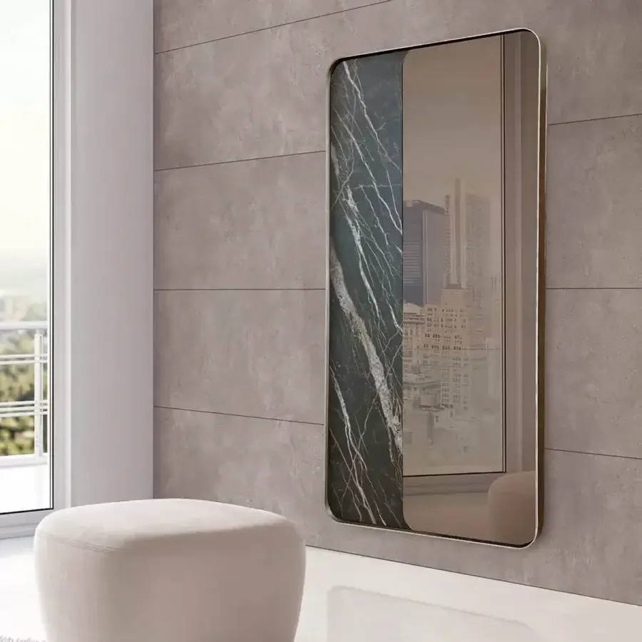 Elegant Ivano Antonello Italia Monolito mirror with dark bronze metal and captivating Calacatta Lux ceramic detail