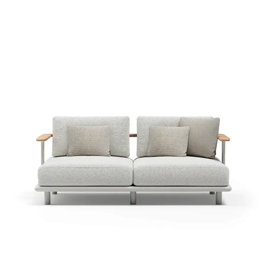 Meticulous Atmosphera Bliss sofa with textured light neutral beige textile and natural teak armrests crafted with a Gesso aluminum frame