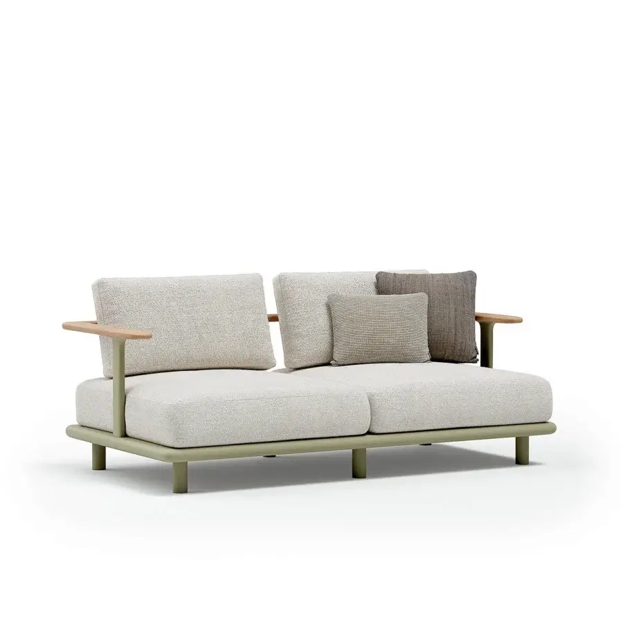 Distinguished Atmosphera Bliss sofa with light neutral textile, natural teak armrests and matte Olive Green aluminum frame