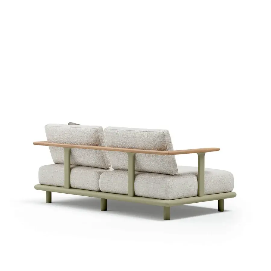Superior Atmosphera Bliss sofa with muted olive green aluminum frame, natural teak armrests and light beige textured upholstery