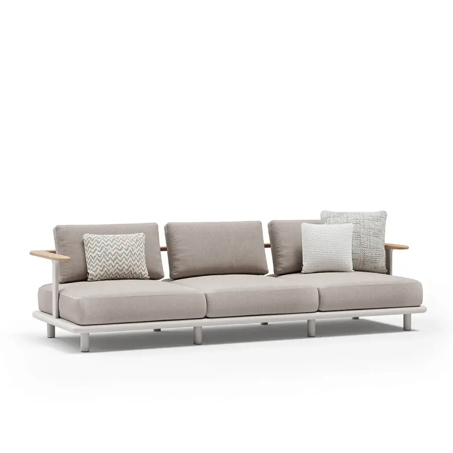Elegant Atmosphera Bliss sofa with durable textured beige textile and natural teak armrests crafted in Gesso aluminum
