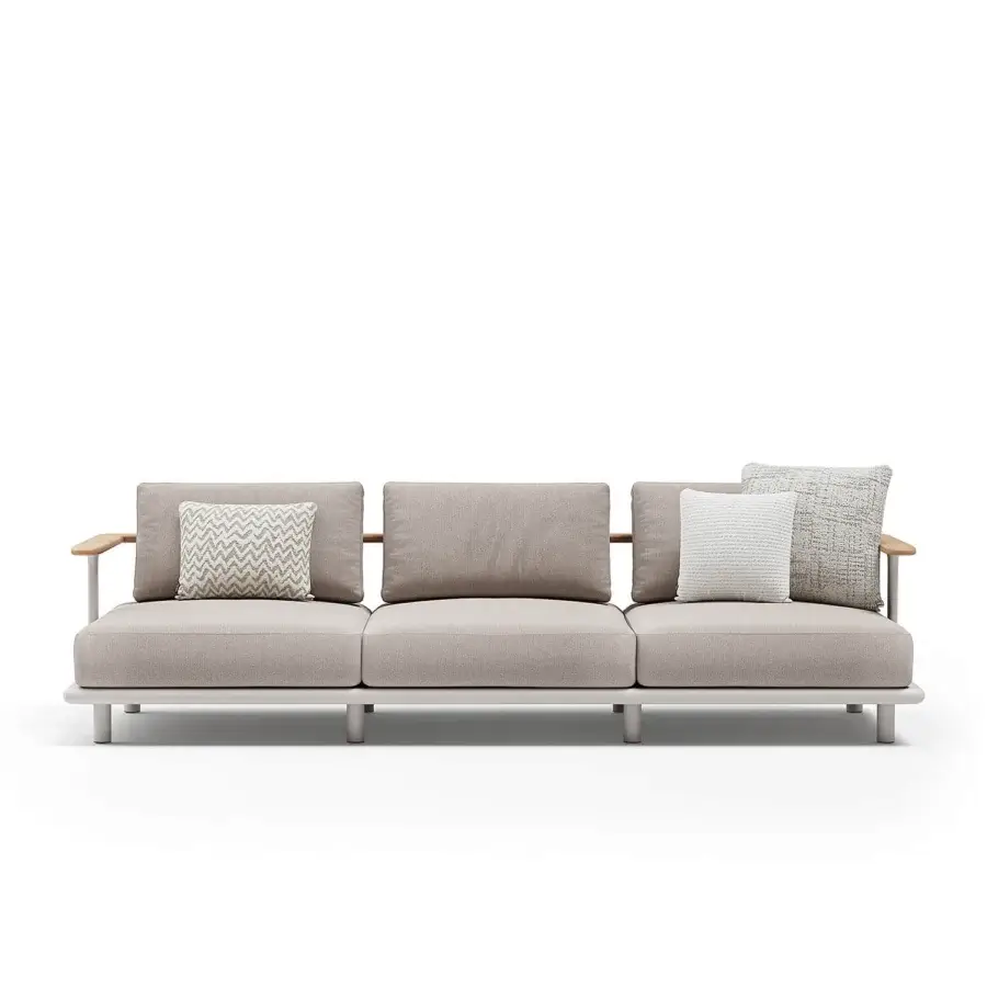 Exceptional Atmosphera Bliss sofa with a Gesso aluminum frame and natural teak armrests in a neutral beige palette