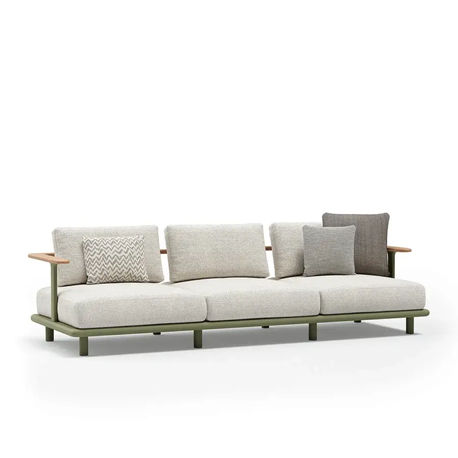 Distinguished Atmosphera Bliss sofa with a curved back, aluminum frame in Olive Green, and natural teak armrests crafted in Italy