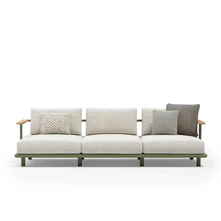 Sophisticated Atmosphera Bliss sofa crafted with neutral beige textile upholstery, Gesso aluminum and natural teak armrests