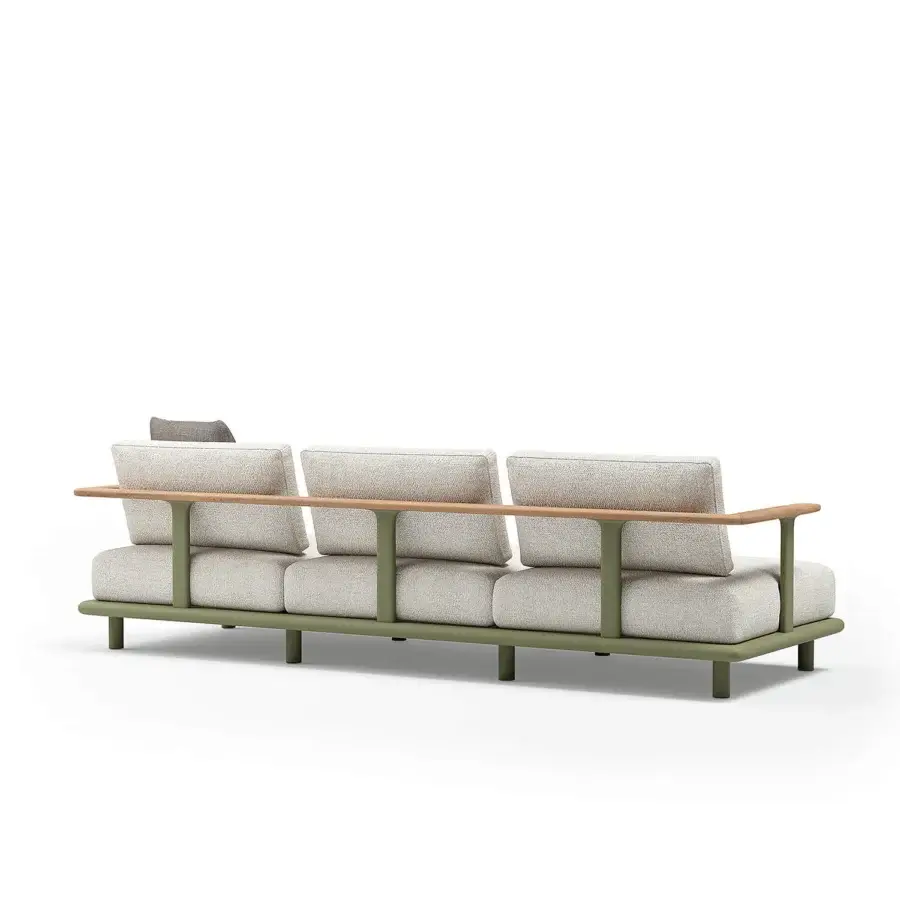 Lavish Atmosphera Bliss sofa crafted with neutral beige textured cushions, aluminum in Olive Green, and natural teak armrests