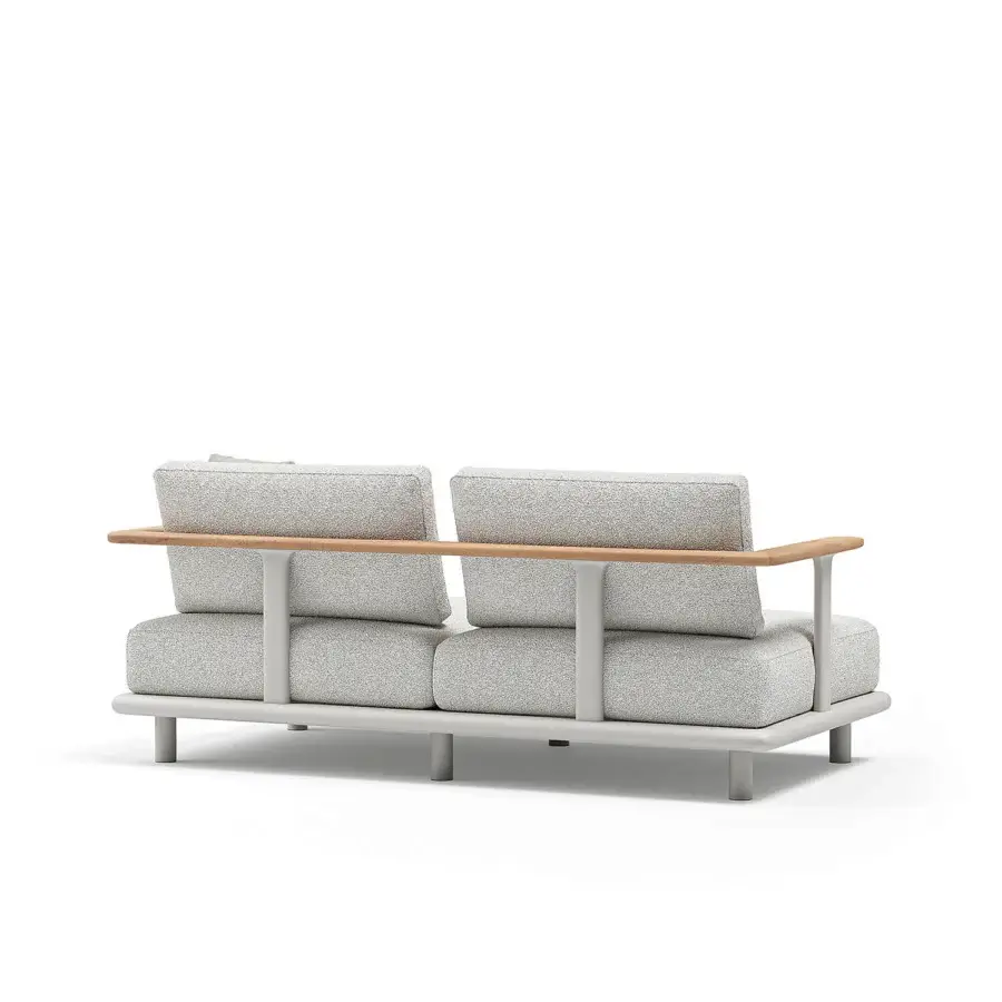 Superior Atmosphera Bliss sofa with aluminum frame in Gesso finish and natural teak armrests upholstered in heathered light gray textile