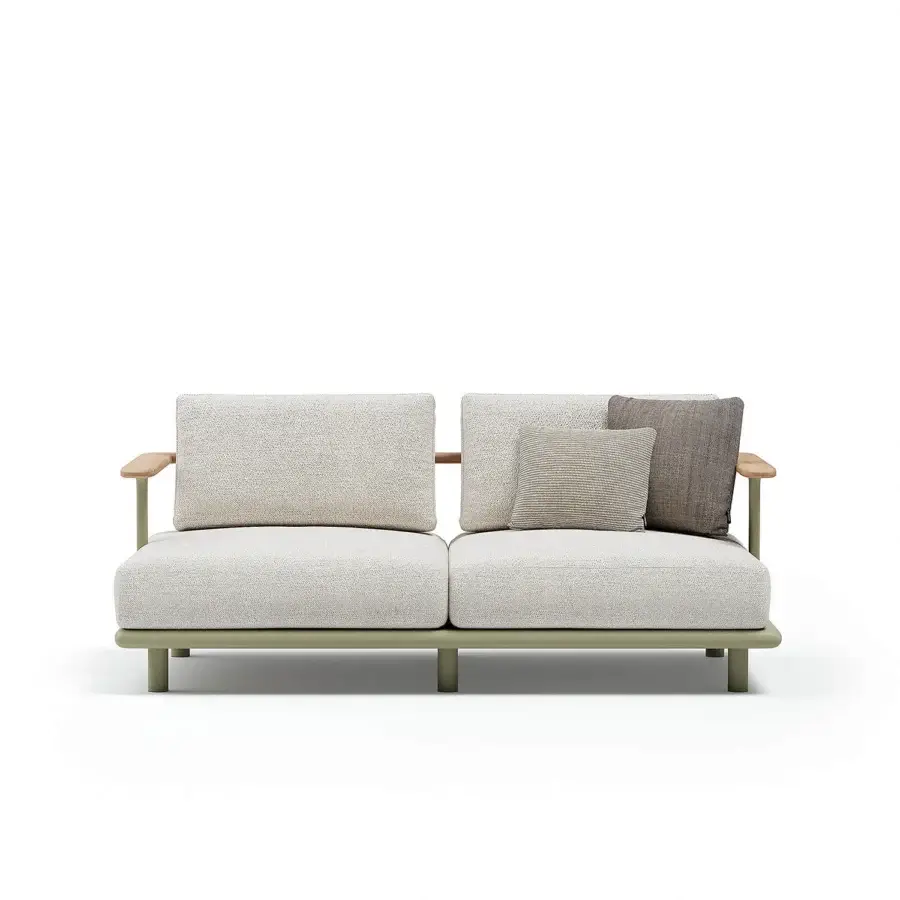 Elegant Atmosphera Bliss sofa with aluminum in Olive Green finish and light beige textile upholstery