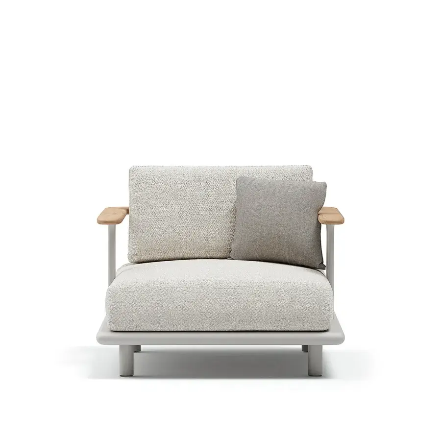 Superior Atmosphera Bliss lounge chair with textured neutral beige textile, natural teak armrests and a Gesso aluminum frame