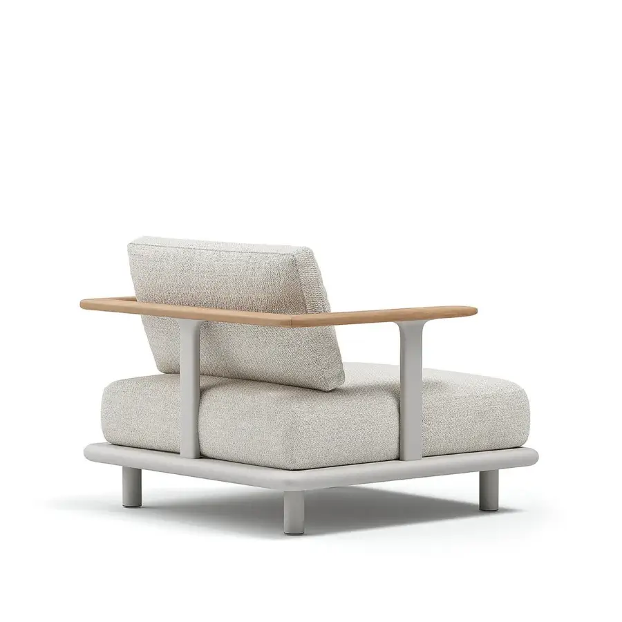 Elegant Atmosphera Bliss lounge chair with neutral beige textured upholstery and a Gesso aluminum frame built with natural teak