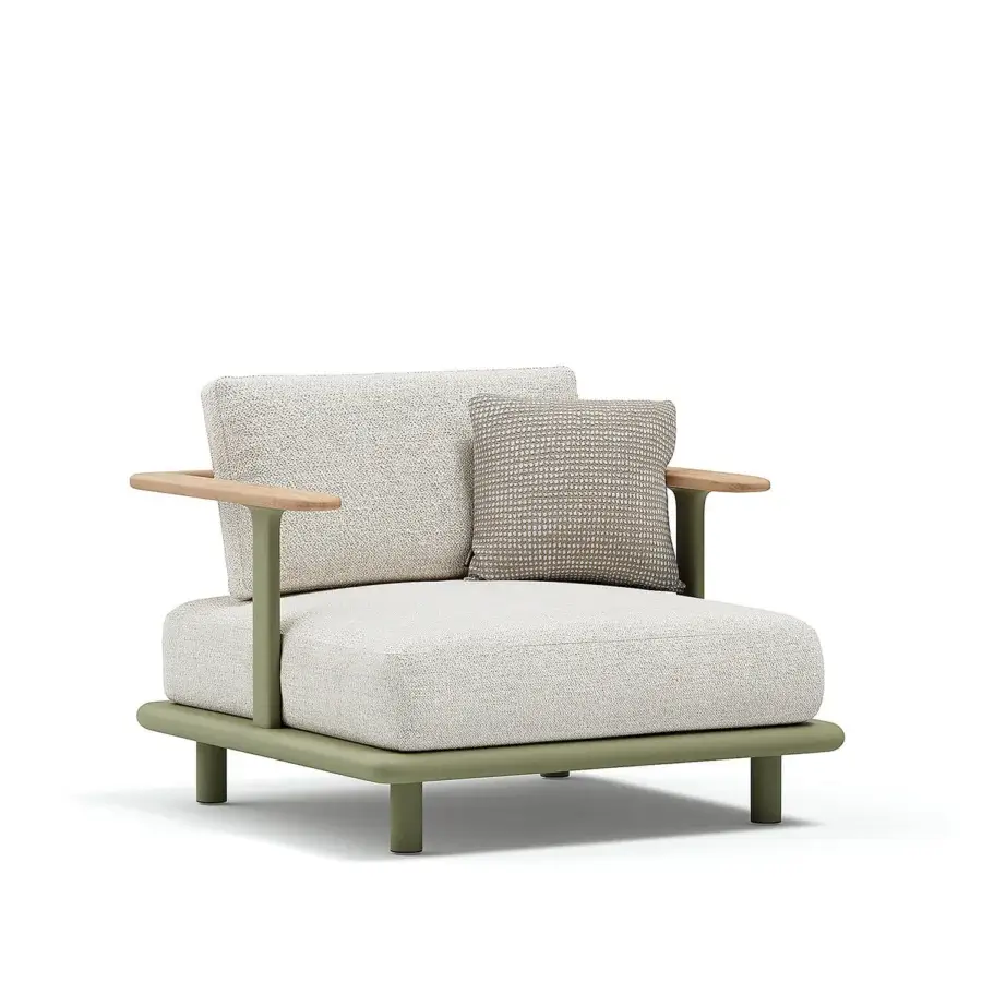 Captivating Atmosphera Bliss lounge chair with light beige textile, muted Olive Green aluminum and natural teak armrests