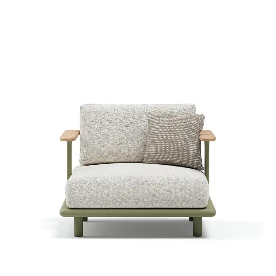 Distinguished Atmosphera Bliss lounge chair with natural teak, light beige textured upholstery and matte Olive Green aluminum frame
