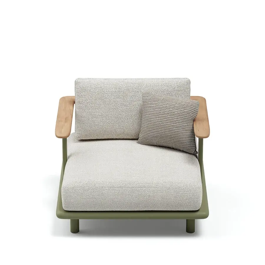 Elegant Atmosphera Bliss lounge chair with Olive Green aluminum, natural teak armrests and light neutral beige textile upholstery