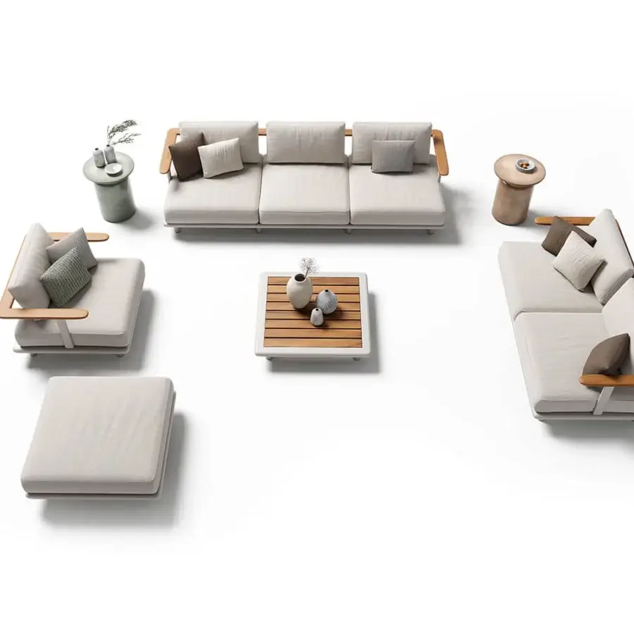 Superior Atmosphera Bliss lounge chair with aluminum in Gesso finish and light beige outdoor upholstery with natural teak armrests