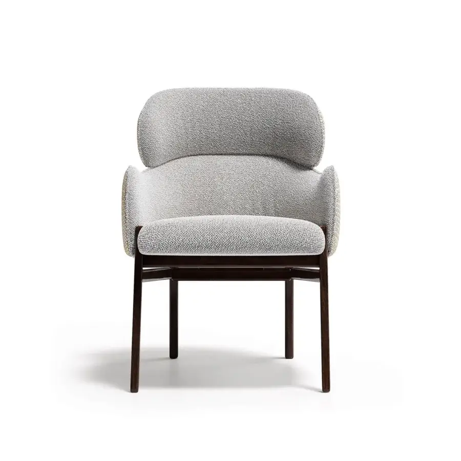 Distinguished Capital Dafne armchair with speckled light gray textile upholstery and smooth satin wooden legs