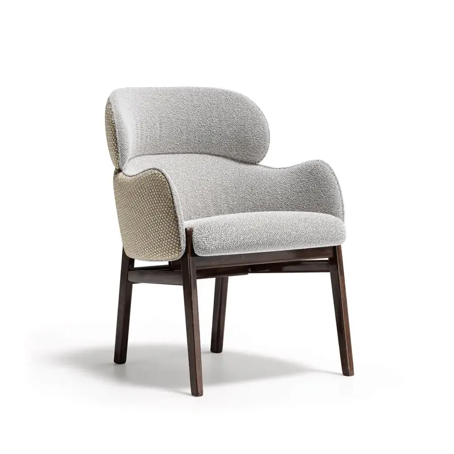 Exceptional Capital Dafne armchair with heathered light gray textile upholstery and satin medium-brown wooden frame