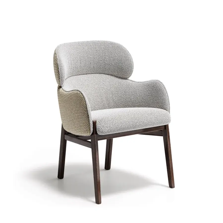 Elegant Capital Dafne armchair with light beige textured textile upholstery and satin-finish wooden legs