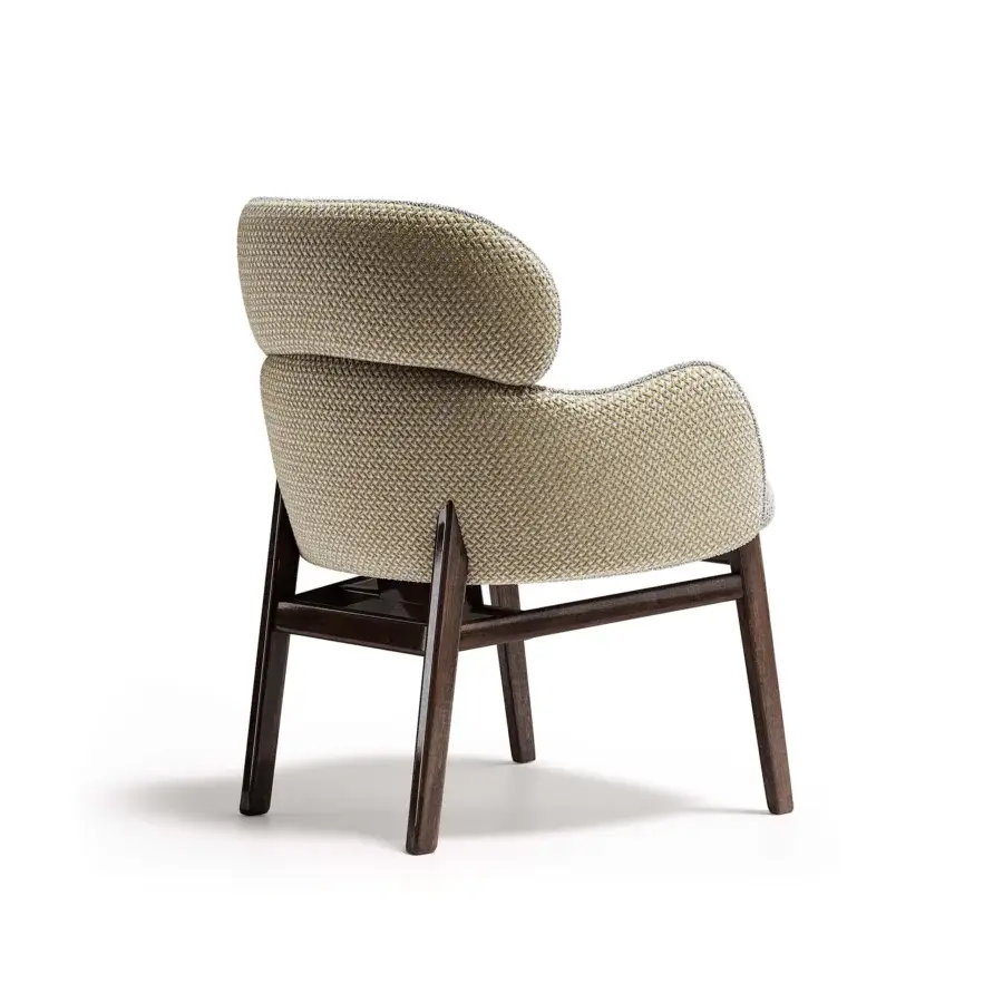 Distinguished Capital Dafne armchair with comfortable rounded silhouette and muted beige textured textile upholstery crafted with a satin finish