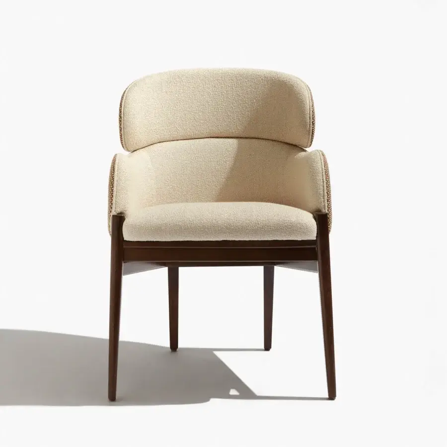 Exceptional Capital Dafne armchair with light beige textured textile upholstery and satin medium-dark wooden frame