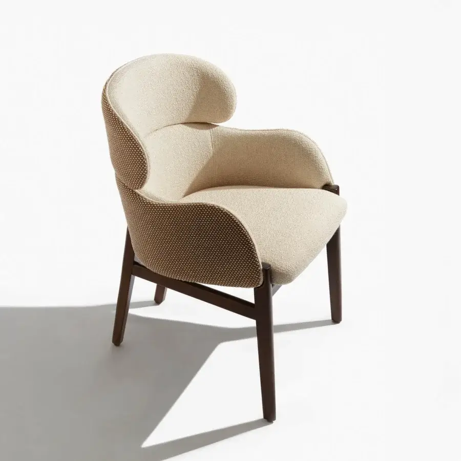 Captivating Capital Dafne armchair with neutral beige textured textile upholstery and smooth satin finished wooden legs