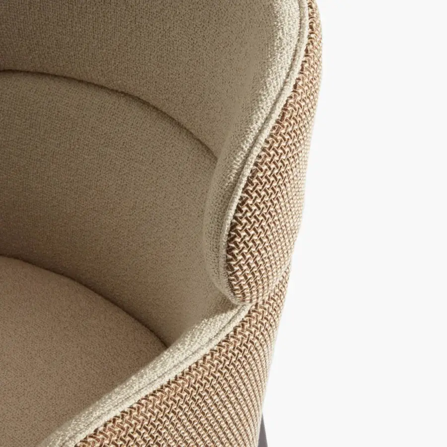 Superior Capital Dafne armchair with neutral beige textile upholstery and reddish-brown woven band detailing crafted in solid wood