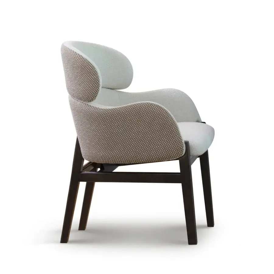 Elegant Capital Dafne armchair with light gray-green textile upholstery and smooth satin-finish wooden frame