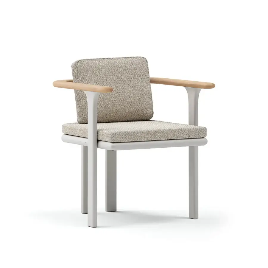 Refined Atmosphera Bliss armchair with neutral beige textile upholstery and resilient Gesso aluminum frame built with natural teak armrests