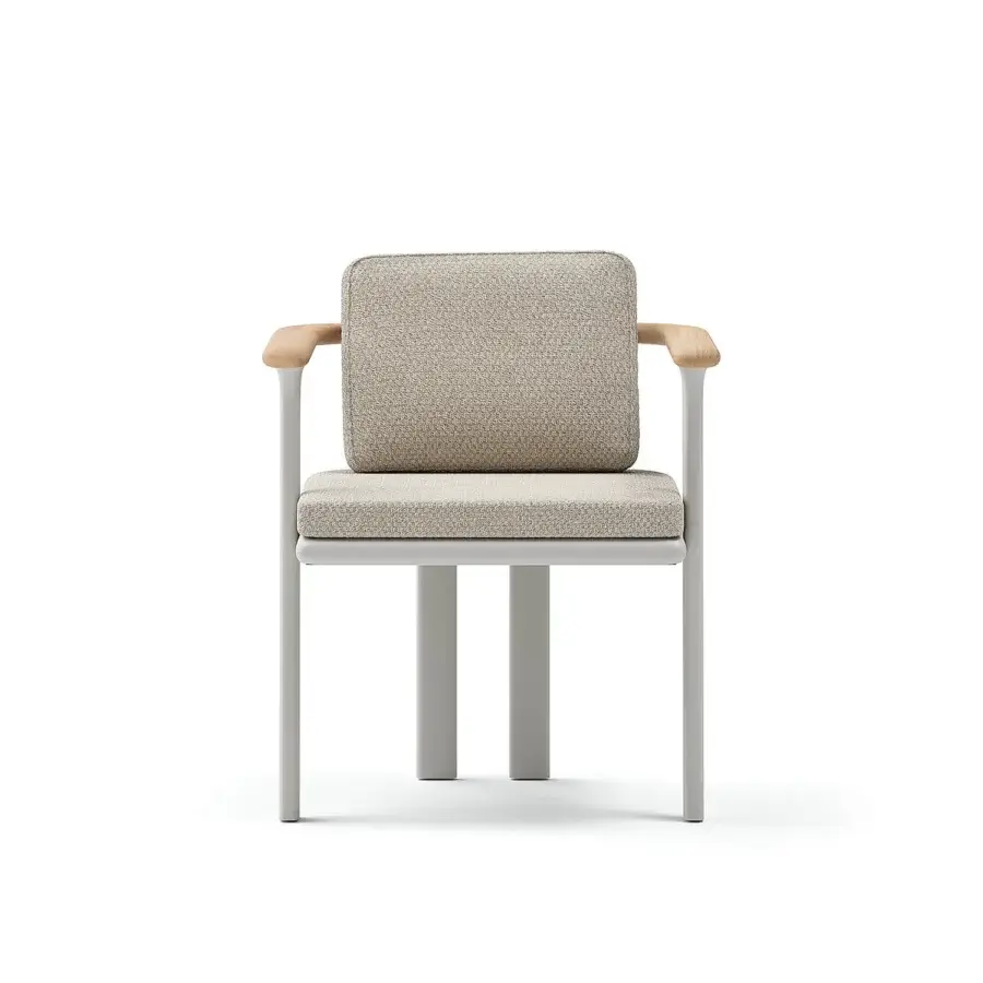 Superior Atmosphera Bliss armchair with a neutral beige textile and natural teak armrests in a Gesso finish