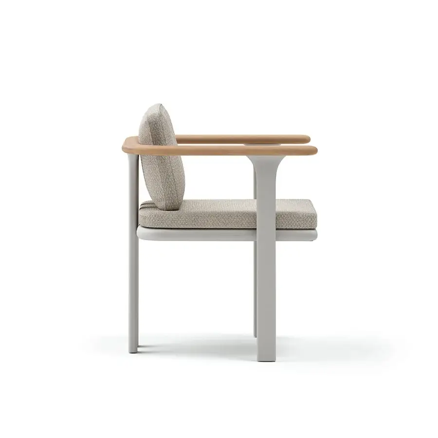 Distinguished Atmosphera Bliss armchair with a neutral beige textured textile and natural teak armrests in a Gesso finish
