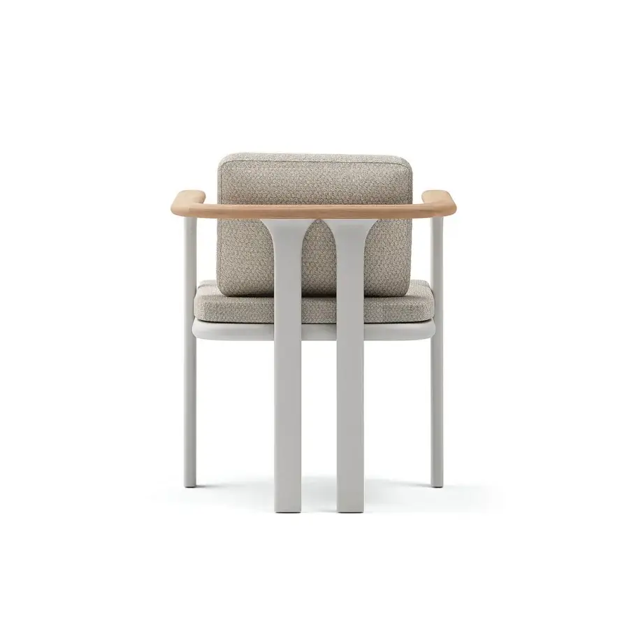 Elegant Atmosphera Bliss armchair with neutral beige textile upholstery and warm natural teak armrests crafted in Gesso finished aluminum