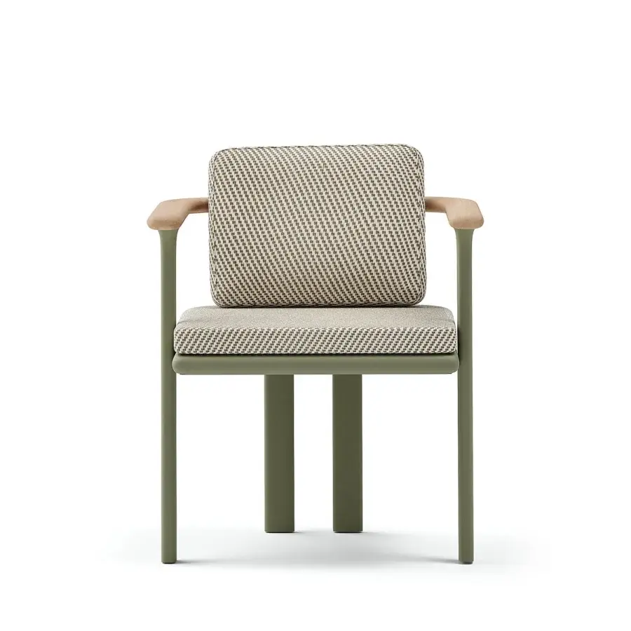 Superior Atmosphera Bliss armchair with Olive Green aluminum, natural teak armrests and neutral beige patterned textile upholstery