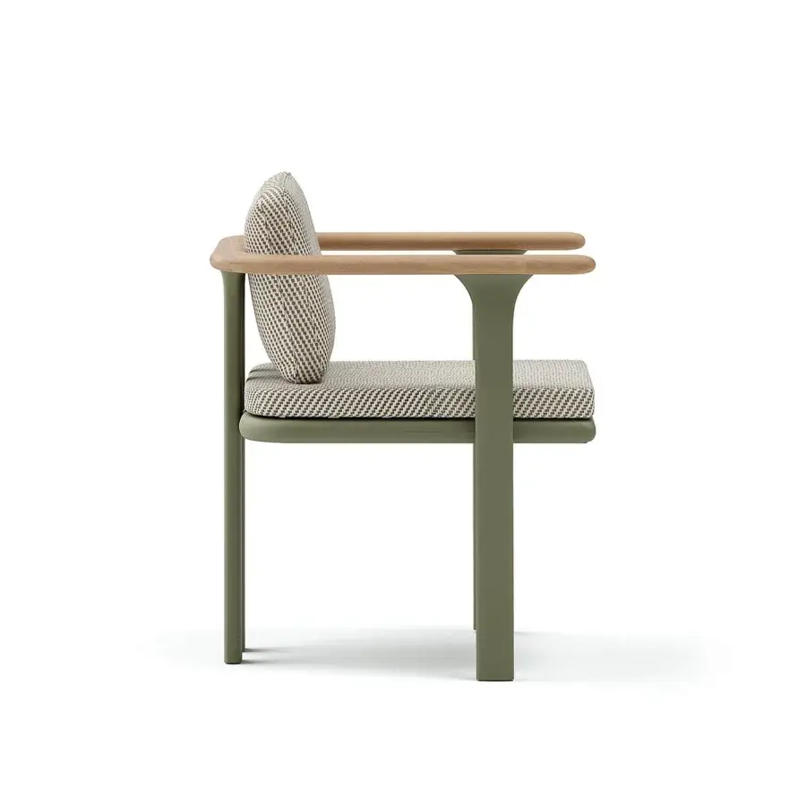 Distinguished Atmosphera Bliss armchair with Olive Green aluminum, teak armrests and textured neutral beige gray textile upholstery