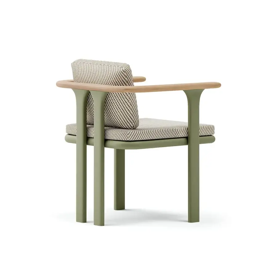 Elegant Atmosphera Bliss armchair with muted Olive Green aluminum, natural teak armrests and subtly patterned textile upholstery